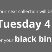 Image of a bin with next collection information for Tuesday 4th January - Happy New Year / Bin Reminder