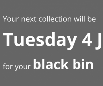 Image of a bin with next collection information for Tuesday 4th January - Happy New Year / Bin Reminder
