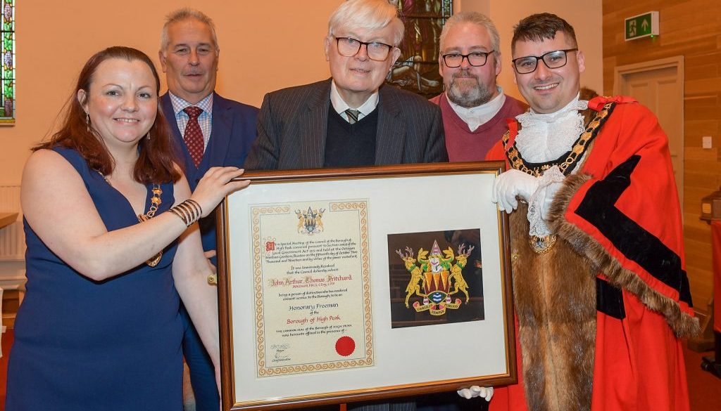 Freeman John Pritchard - a picture showing the Mayor and Mayoress of the High Peak, with Freeman John Pritchard, Cllr Anthony Mckeown and Chief Executive Andrew Stokes